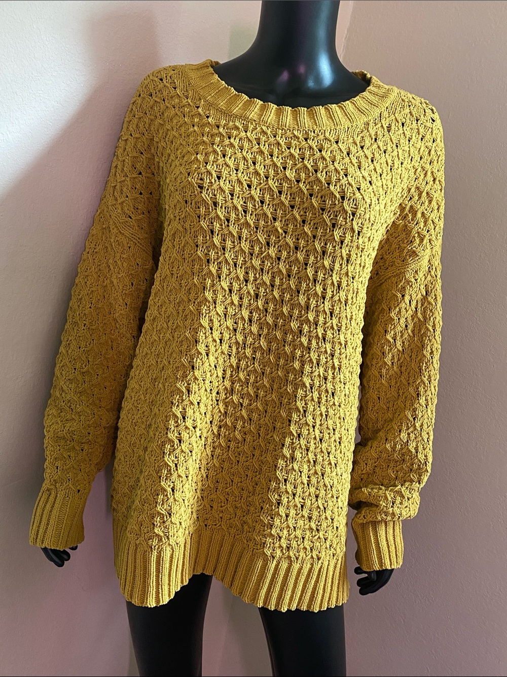Ava & Viv Mustard Yellow Open-Knit Crewneck Sweater